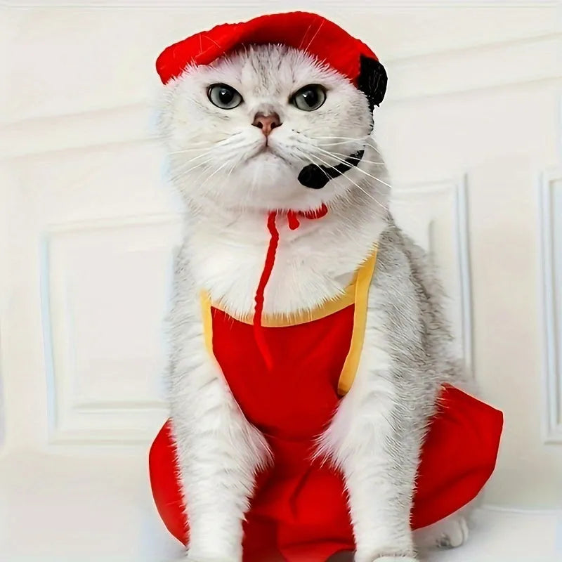 Handmade knitted cotton sweater and chef hat costume on a small cat or dog