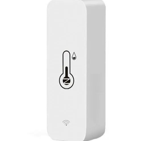 Compact white ABS plastic WiFi and Zigbee temperature and humidity sensor for smart homes.