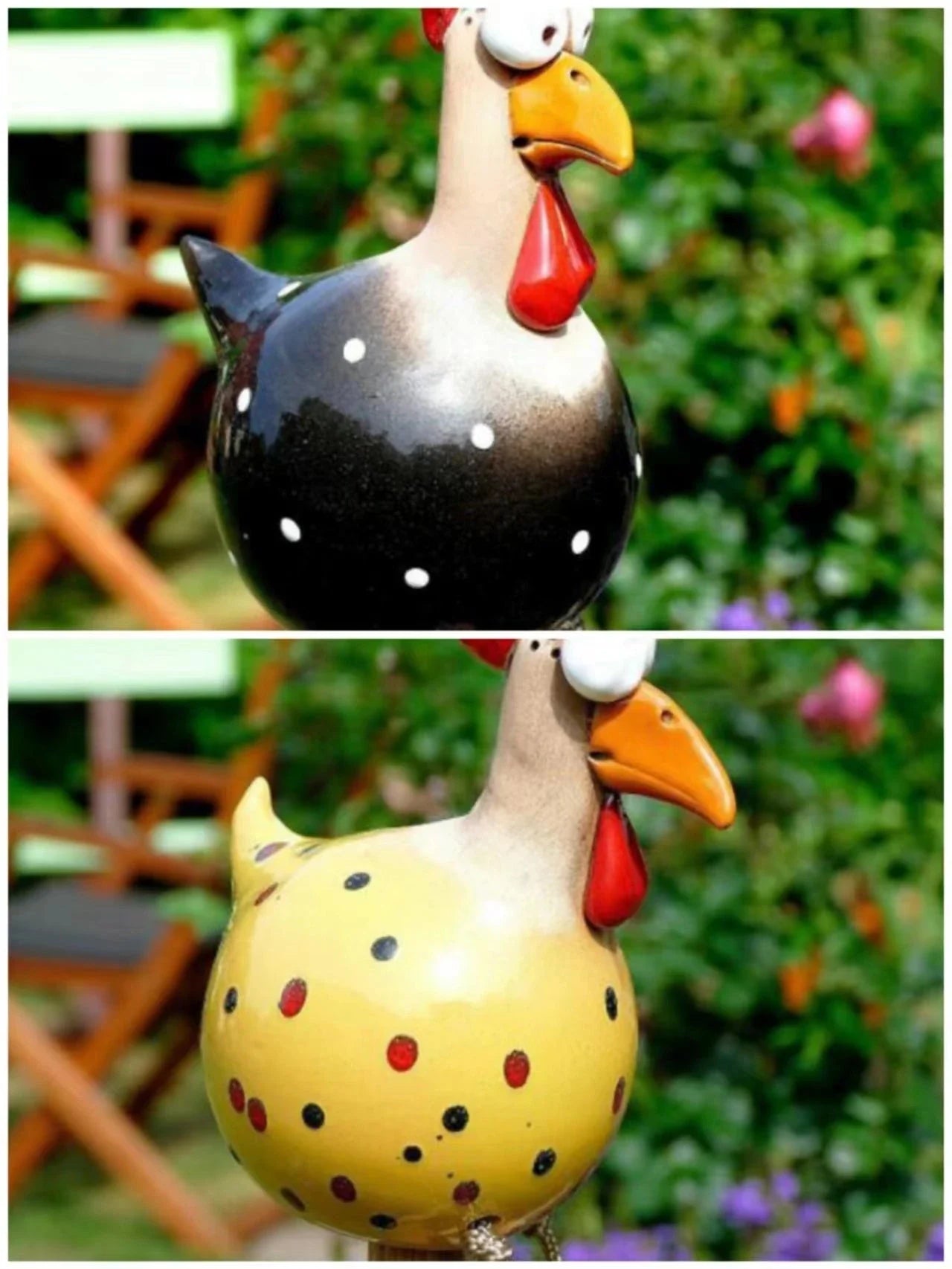 Charming hen and rooster ornaments made of durable resin with vibrant colours and intricate details for elegant garden decor