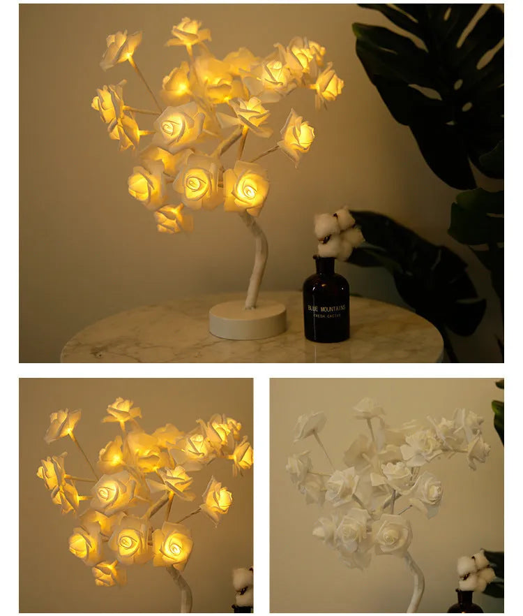 White and red rose flower LED lamp on a table with bonsai tree shape and warm white glow.