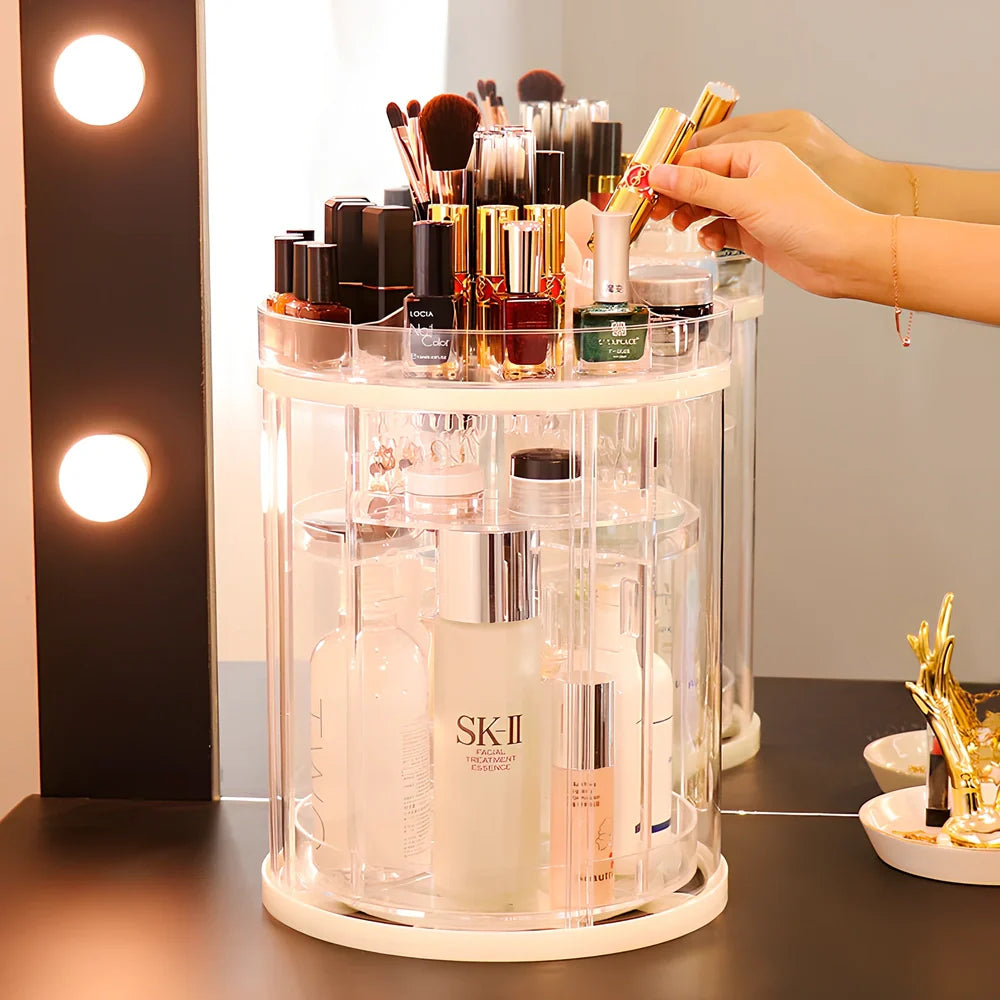Transparent rotating cosmetics storage rack on table, diamond pattern style, holding skincare bottles, 25cm height