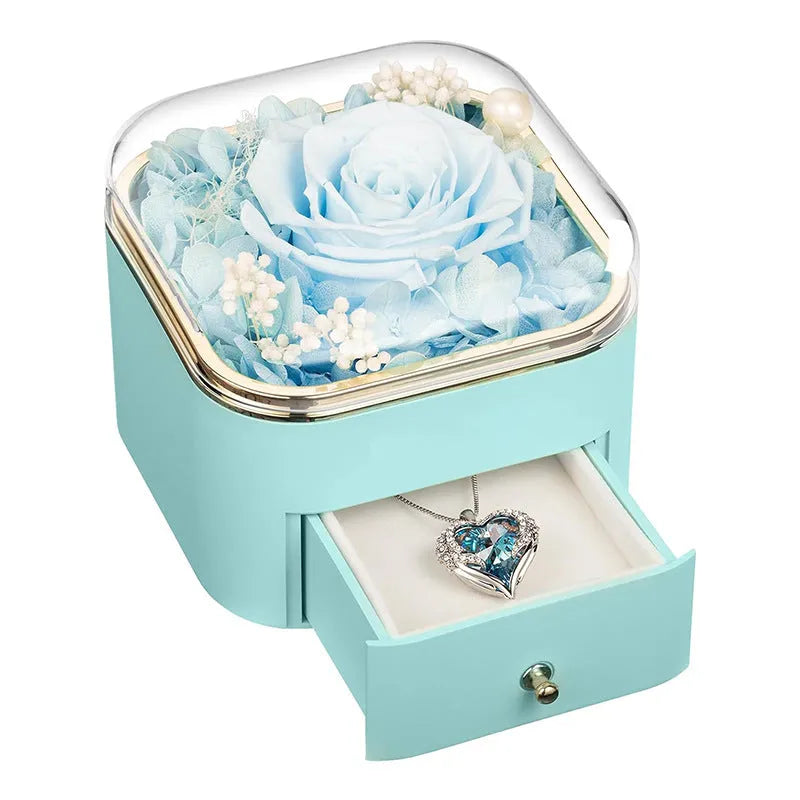Valentine's Day rose flower drawer jewellery box with preserved eternal flowers and love crystal necklace gift set