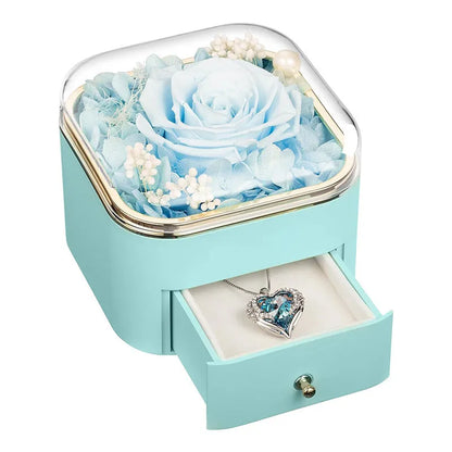 Valentine's Day rose flower drawer jewellery box with preserved eternal flowers and love crystal necklace gift set
