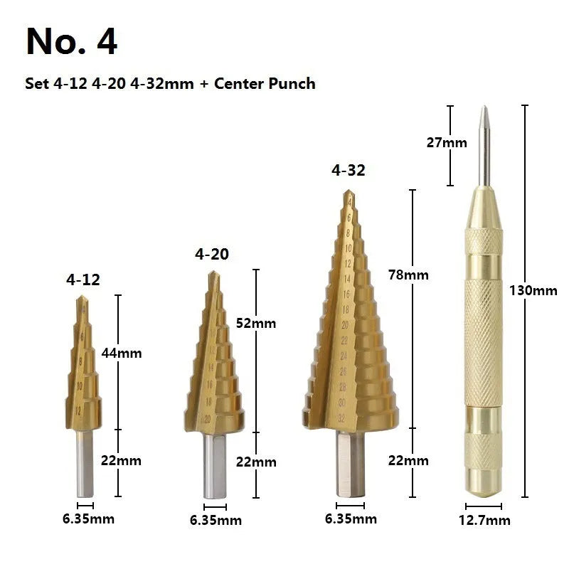 High-speed steel cone step drill bits and a centre punch laid out on a workbench.