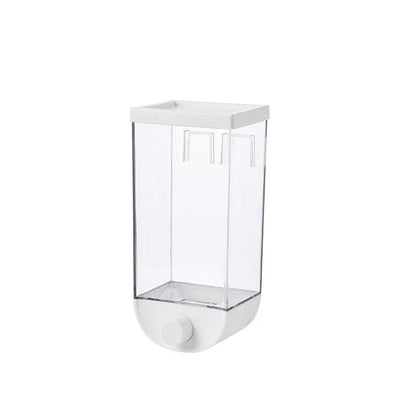 White wall-mountable kitchen food storage box with press lid dispenser, showing transparent body with cereal inside.
