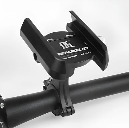 CNC aluminium bicycle phone holder mounted on handlebar with phone inserted