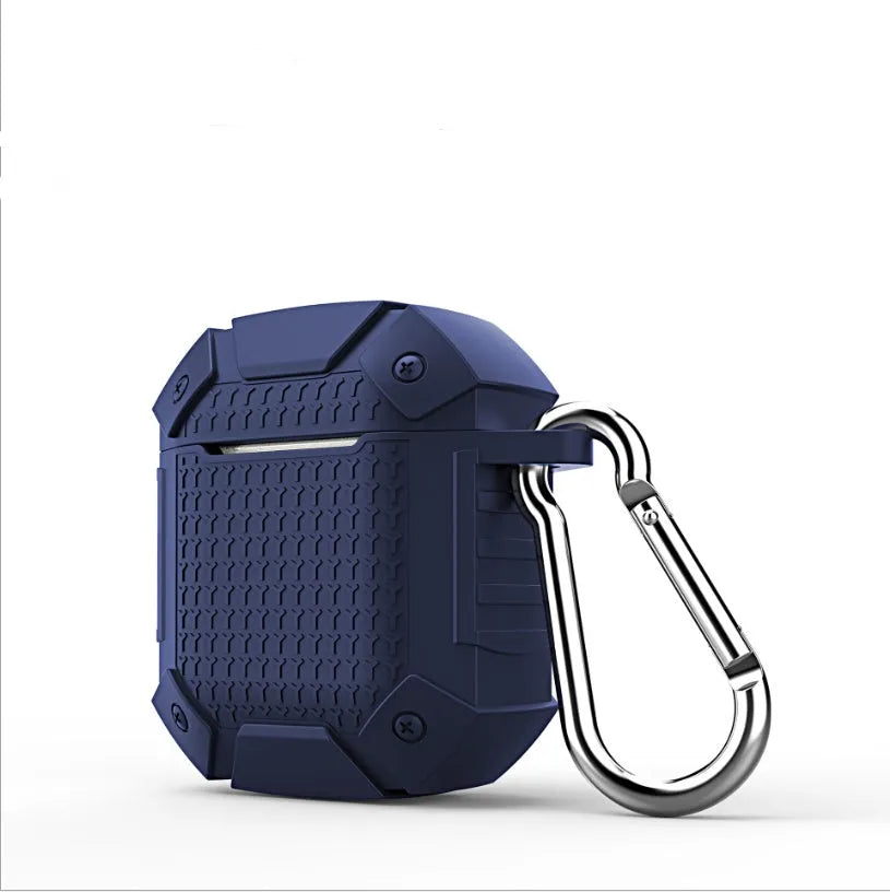 Silicone back cover for AirPods charging case in blue, red, black, or royal blue.