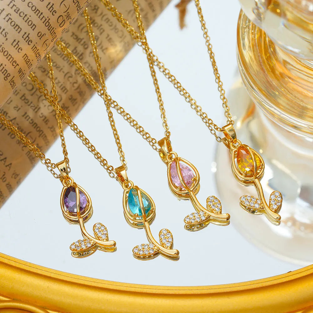 Zircon Tulip necklace with floral pendant on adjustable O-ring chain in gold colour options