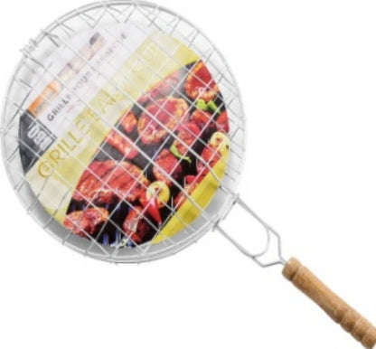 Stainless steel folding barbecue net showing extended cooking surface and compact folded position
