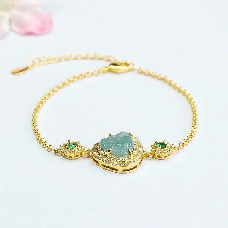 Emerald blue water jade bracelet with Maitreya Buddha beads and elastic cord