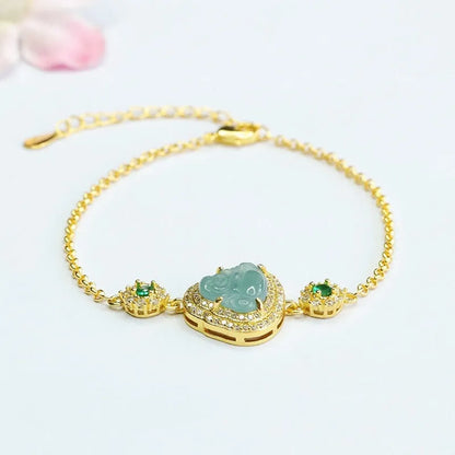 Emerald blue water jade bracelet with Maitreya Buddha beads and elastic cord