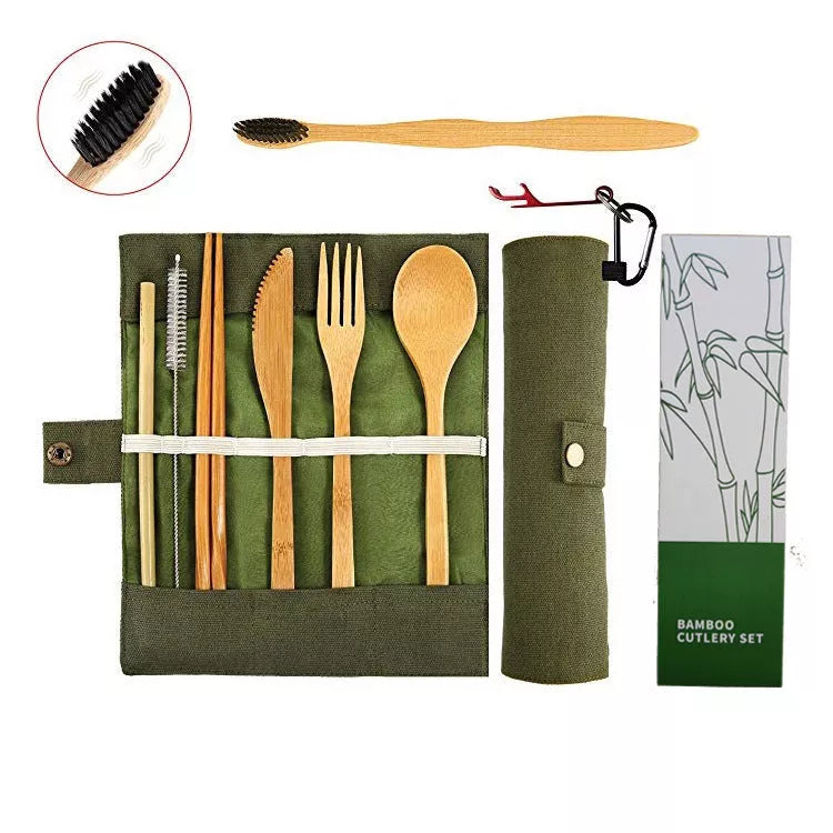 Bamboo straw set with knife, fork, spoon, chopsticks, and cleaning accessories