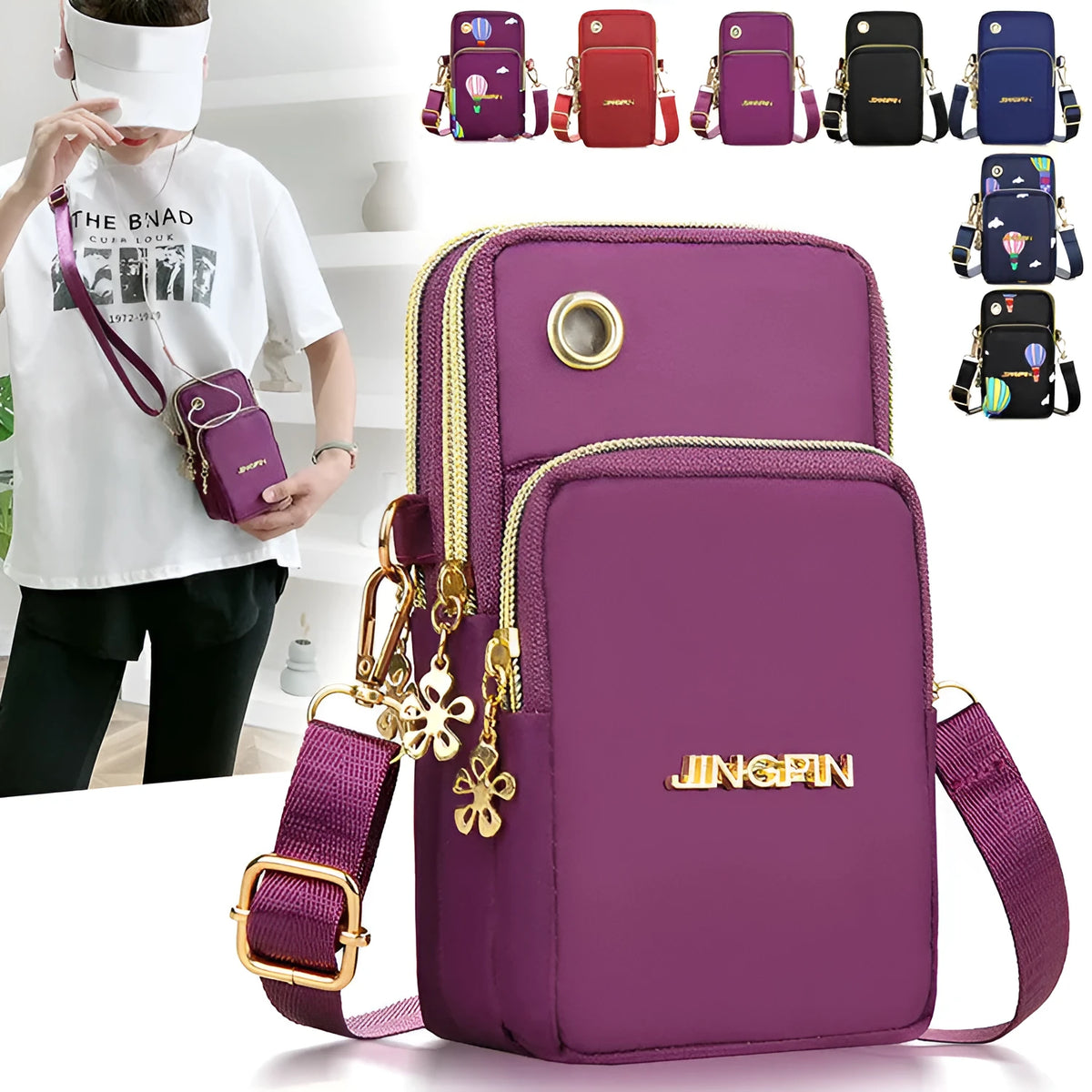 Nylon small crossbody shoulder bag with 3-layer zipper, card slot, square vertical shape, letter pattern, in red, dark blue, black or dark purple.