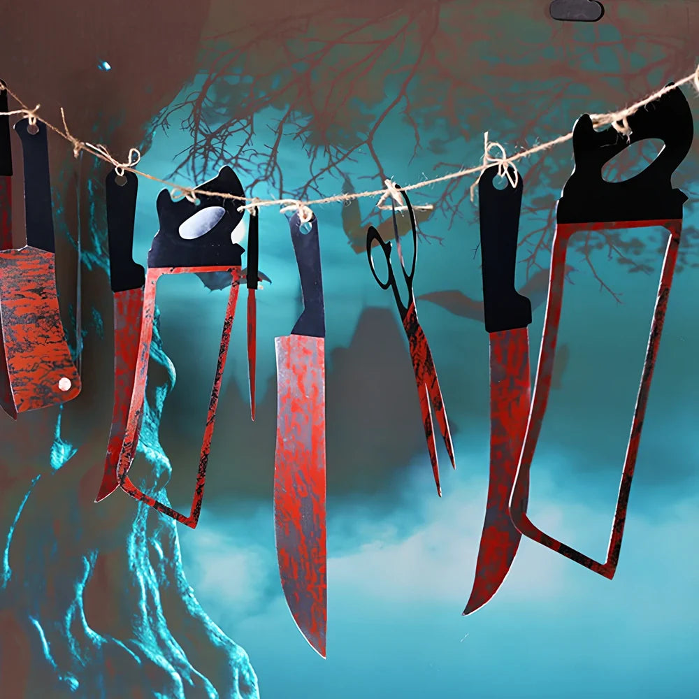 Halloween blood knife decoration set with 12 weapon props on 2.2 metre string