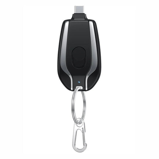 Compact 1500mAh power bank with carabiner clip, perfect for charging smartphones, tablets, and other USB devices on the go
