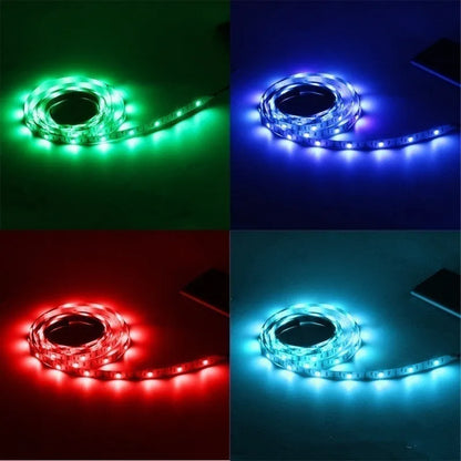 USB-powered flexible LED light strip, 1 metre long, with 50cm USB cable, showing multiple colour options including white and blue.