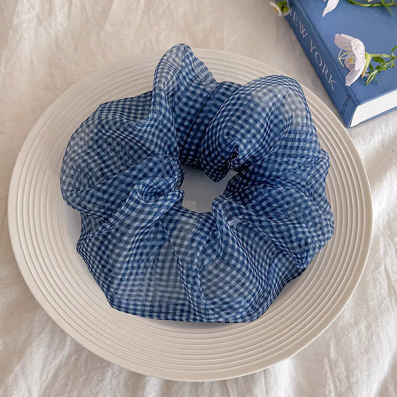 Tibetan blue grid seersucker shark hair clip with matching barrette and hair ring accessories