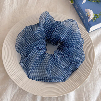 Tibetan blue grid seersucker shark hair clip with matching barrette and hair ring accessories