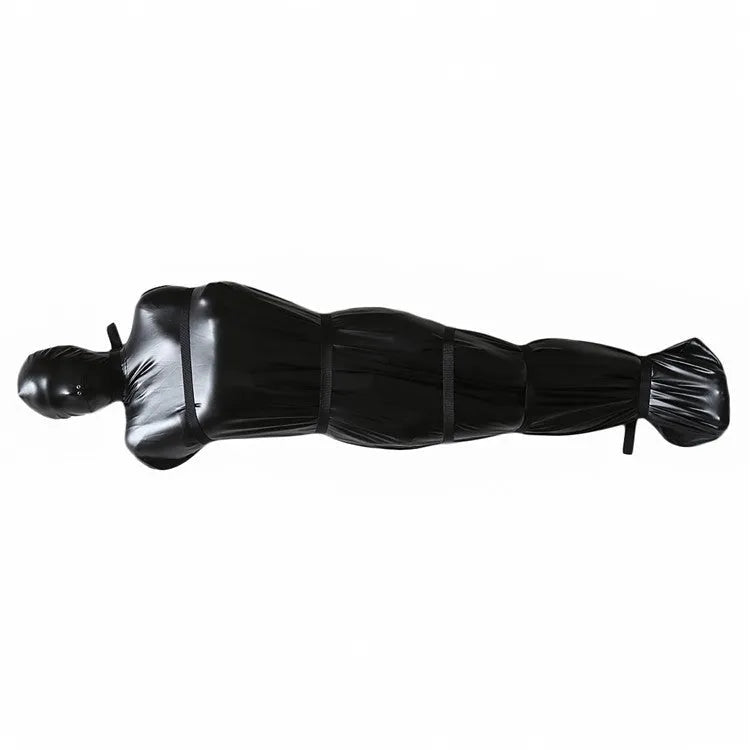 Black patent leather bondage harness set with six ratchet tie-down straps arranged for display