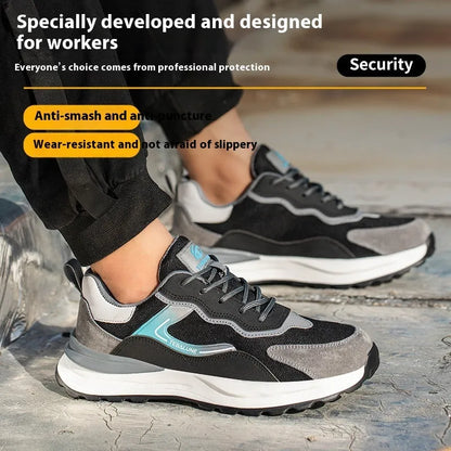 Men's black work safety shoes with steel toe cap and breathable mesh upper panels
