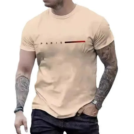 Men's slim fit 3D printed mesh top in a light colour on a hanger, showing short sleeves and patterned fabric.