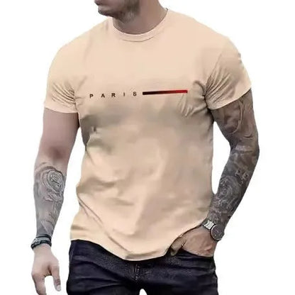 Men's slim fit 3D printed mesh top in a light colour on a hanger, showing short sleeves and patterned fabric.