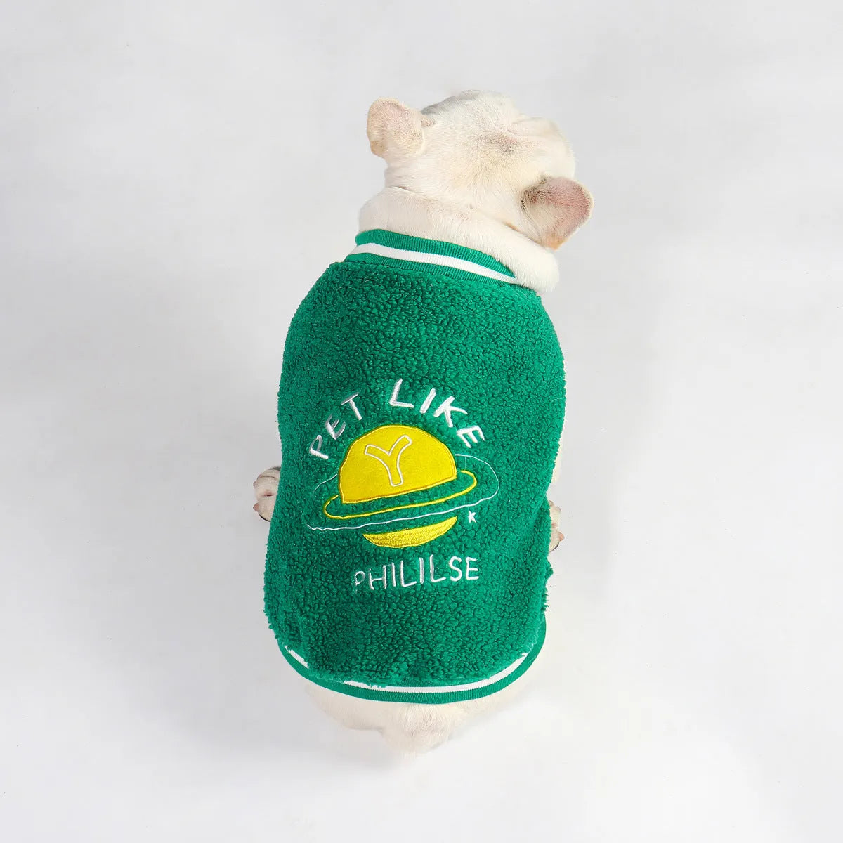 Green fleece-lined winter dog coat for medium to extra large breeds on mannequin