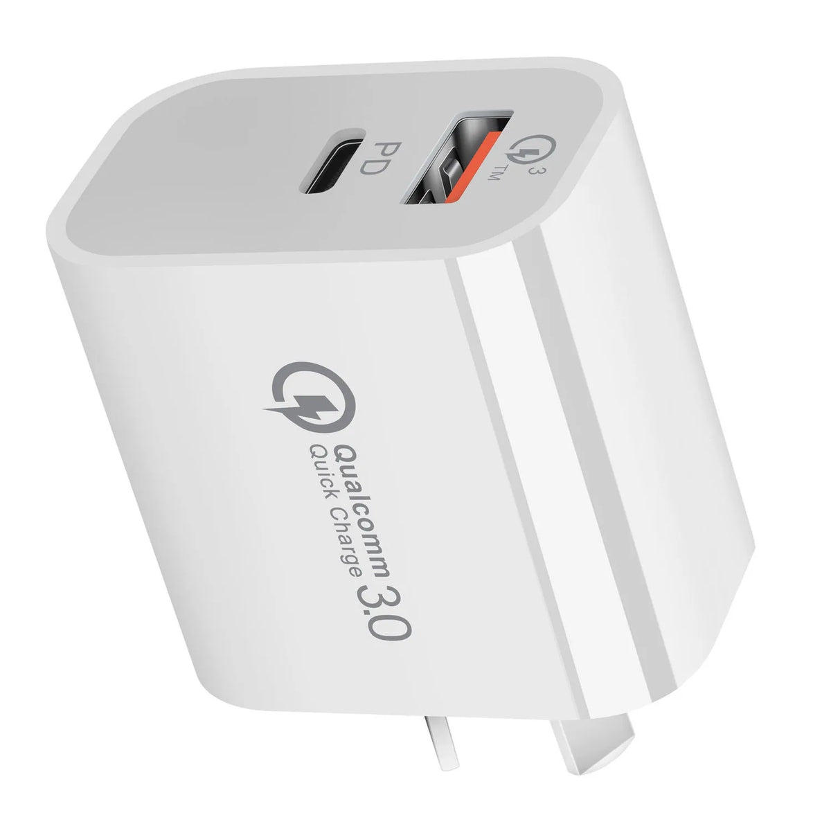 White Australian Standard dual USB charger with AU plug showing USB-A and USB-C ports