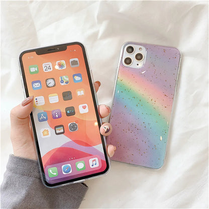 Rainbow gradient phone case with striped design elements on iPhone