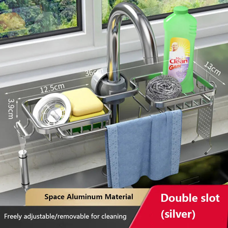 Space aluminium kitchen sink rack and drain basket with no-punch fitting, shown in silver or black single or double with towel bar