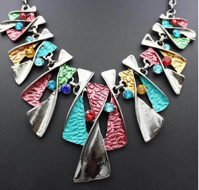 Alloy diamond necklace and earrings set with water wave chain, mixed stone pendant, blue or multicolour.
