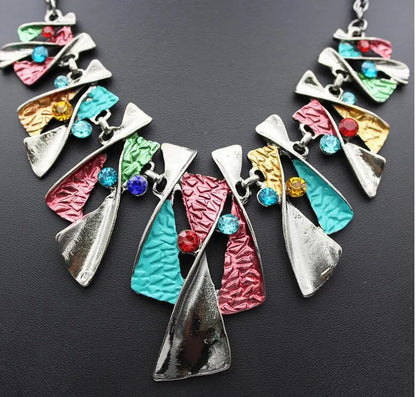 Alloy diamond necklace and earrings set with water wave chain, mixed stone pendant, blue or multicolour.