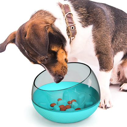 Plastic slow food bowl for pets, 19 x 19 x 14 cm, shown in blue, green, and yellow options