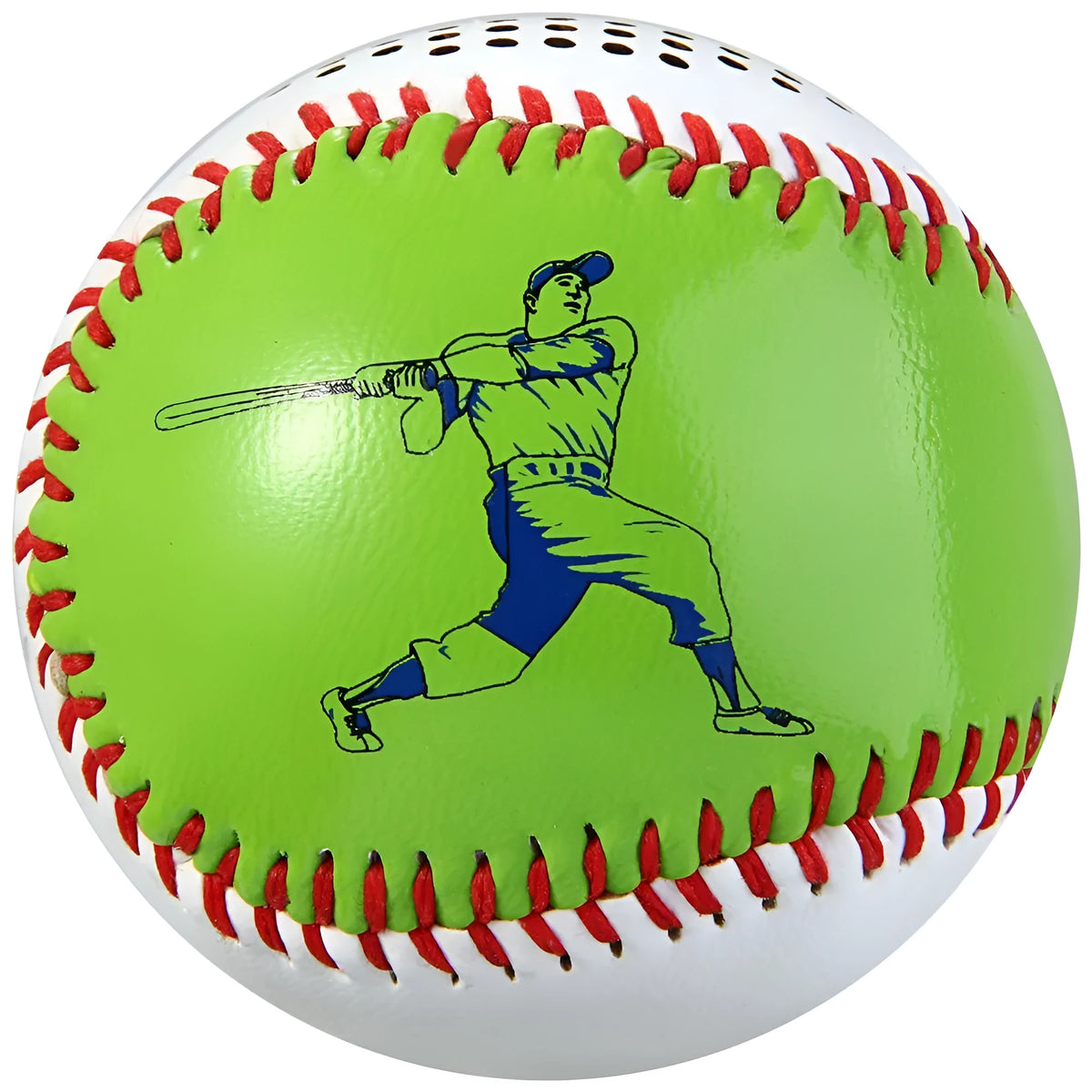 A green Bluetooth speaker shaped like a baseball with a USB port.