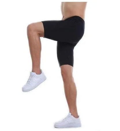 Men's black and yellow SBR sauna shorts with polyester lining, nylon outer and flatlock stitching, sizes S to 4XL.
