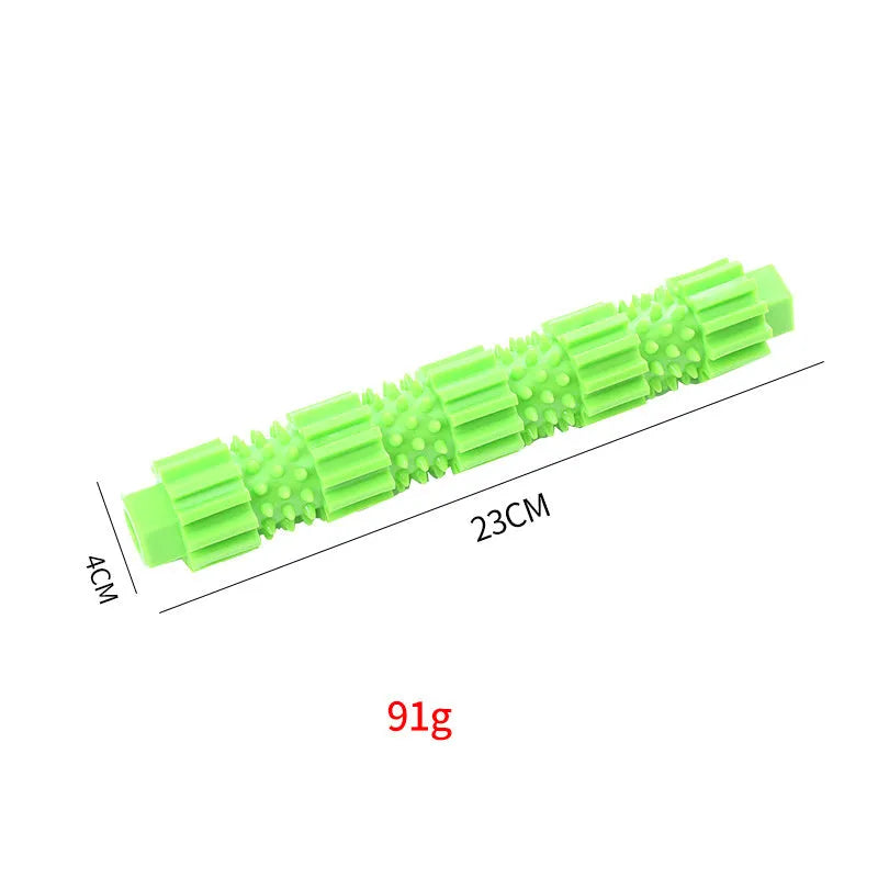 Pet dog chew toy for aggressive chewers with treat dispensing function and squeaking rubber construction, designed for teeth cleaning and durable play, available in green and orange colour options, suitable for dogs who need strong chew toys