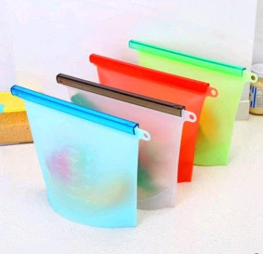 Premium silicone vacuum sealed food storage bags in various colours and sizes