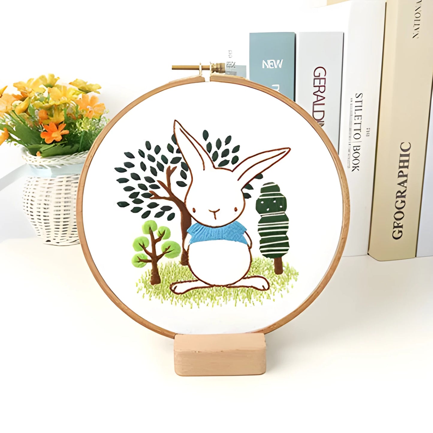 DIY embroidery material package with cotton linen fabric in Rabbit's Secret cartoon style.