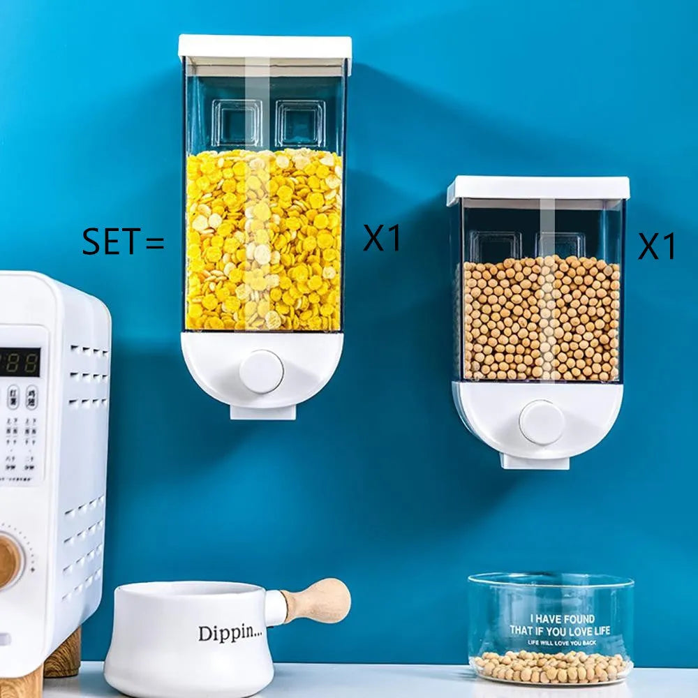White wall-mountable kitchen food storage box with press lid dispenser, showing transparent body with cereal inside.