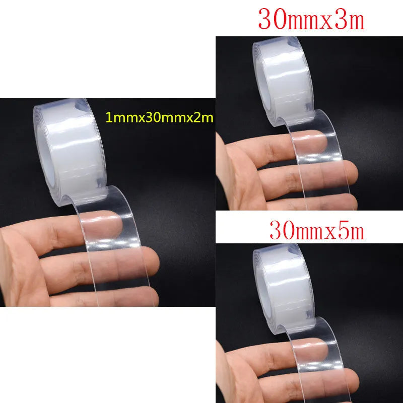 Roll of washable PU nano gel double-sided adhesive tape in various width options on a white background.