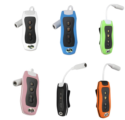 Compact black Bluetooth MP3 headset with clip, shown next to USB charging cable.