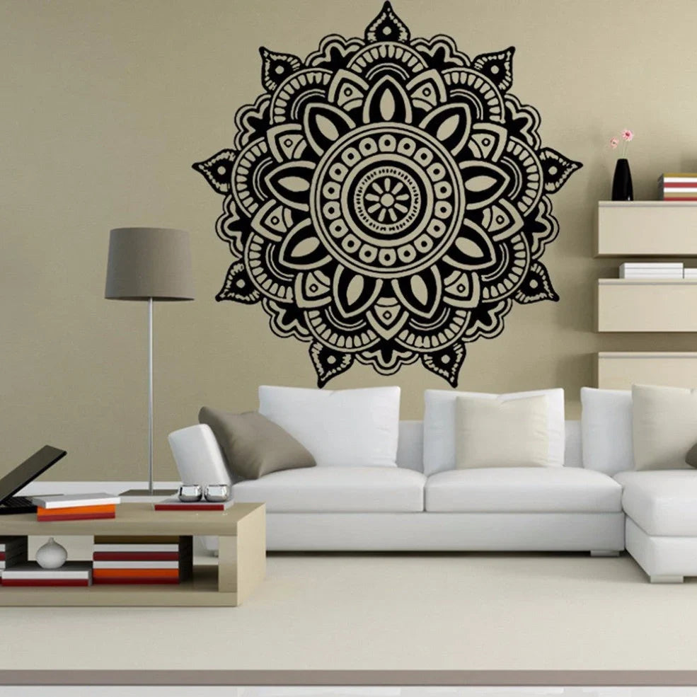 Black square wall sticker measuring 57cm by 57cm with geometric pattern on white wall