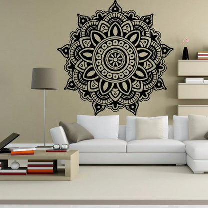 Black square wall sticker measuring 57cm by 57cm with geometric pattern on white wall