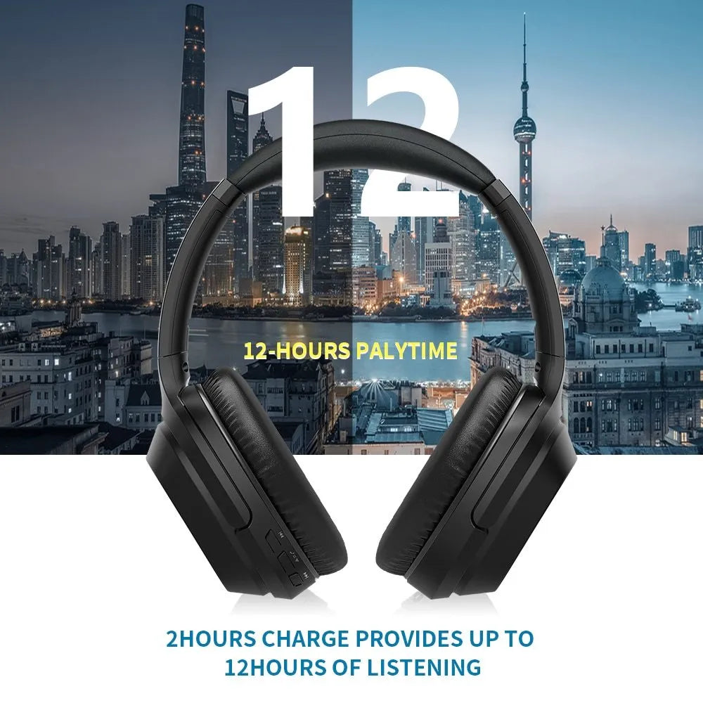 Black Gorsun E98 over-ear wireless Bluetooth headphones with memory-protein cushions and a stainless steel slider.
