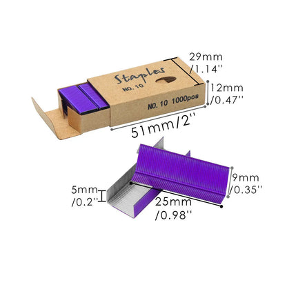 Box of 1000 metal stapling needles in rose gold, black, purple, and rose red colours.