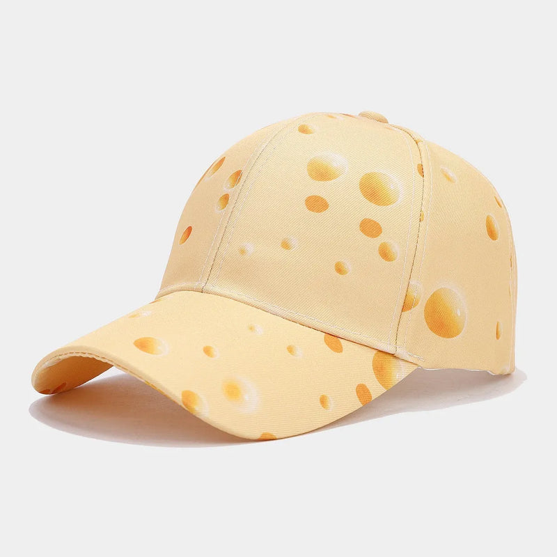 Personalised fashion cheese pattern full printed peaked cap, polyester dome crown adjustable baseball cap for sun protection, breathable and wind-resistant casual headwear in novelty cheese design.
