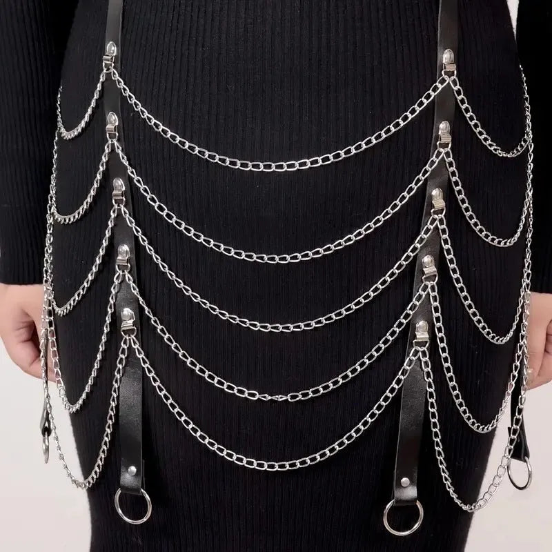 Black PU leather waist chain with adjustable buckle and metal chain detailing