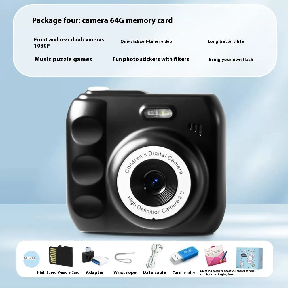 Children's Campus MINI HD digital camera in black, 1920x1080 video, food grade ABS, about 120g, with data cable and manual