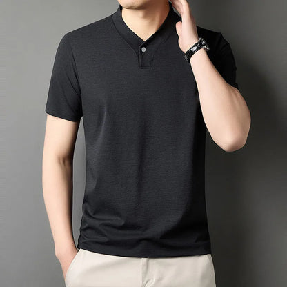 Men's short sleeve t-shirt with front zipper high-collar in polyester blend fabric