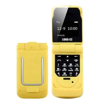 Mini flip mobile phone in gold, shown with flip cover open, on a white background.